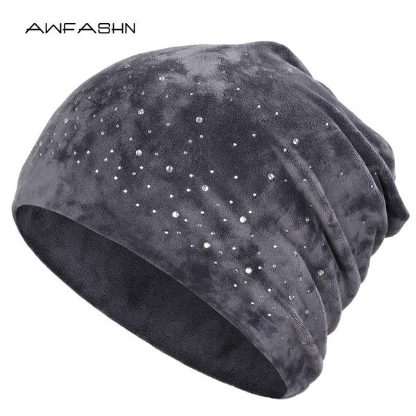 

2020 new fashion ladies shiny rhinestone beanie autumn winter female casual hat women velvet fabric soft cap skullies bonnet, Blue;gray