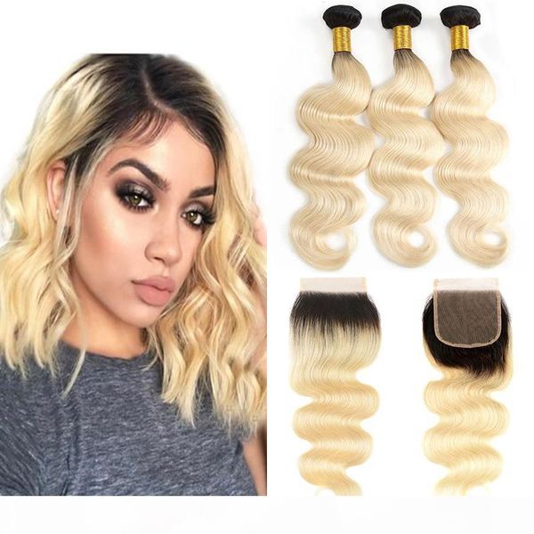 

ombre blonde hair extensions 1b 613 brazilian blonde human hair bundles with closure 3 bundles with lace closure body wave dark roots, Black;brown