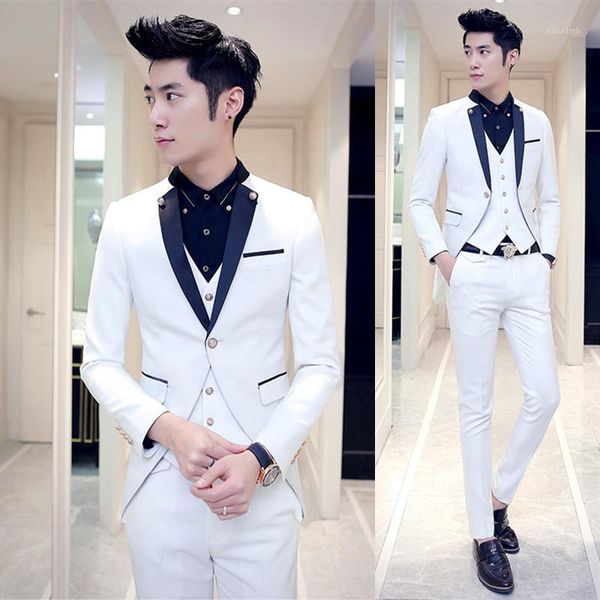 

wholesale- 2017 new white slim fit groom tuxedos navy blue lapel 3 piece mens wedding prom dinner suits (jacket+pants+vest) terno masculino1, White;black