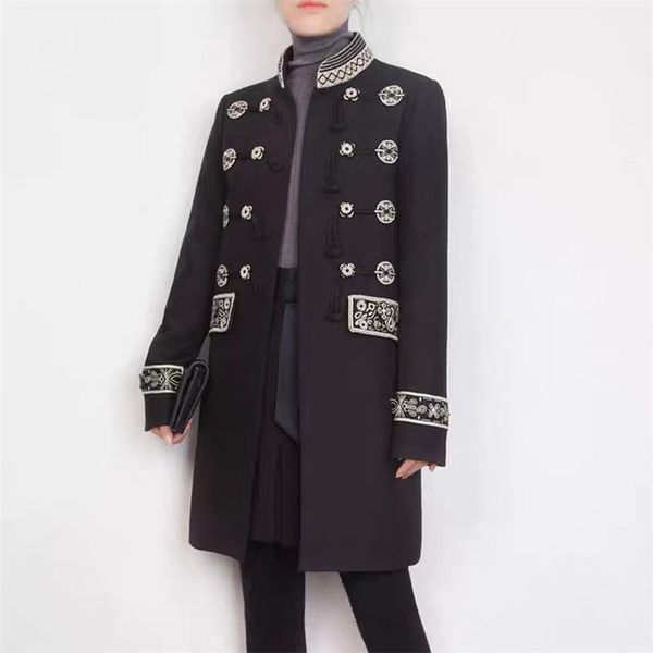 

luxury army long coat british style designer work business blends outwear winter embroidery women coats size s  l, Tan;black