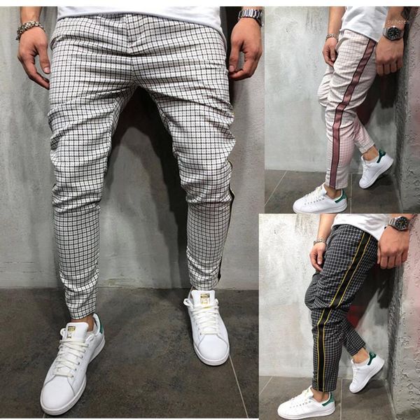 

2020 new men's casual fashion trend gym running fitness pants slim personality casual stripe side weave pants check exerc1, Black