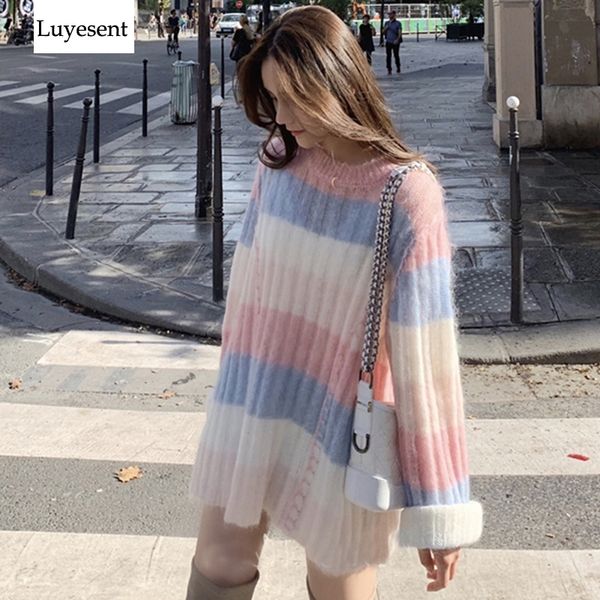 

warm color rainbow woman pullover sweater lady long striped loose knit autumn outdoor korean style pull mohair jumper t200113, White;black