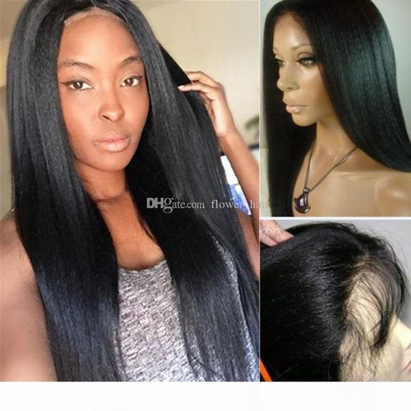 

yaki straight lace front wigs brazilian virgin human hair full lace wig with baby hair natural hairline, Black;brown