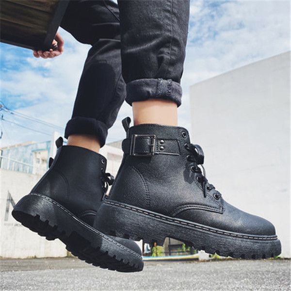 

2021 men's winter boots plus velvet british style tooling short black male korean style trendy black all match handsome