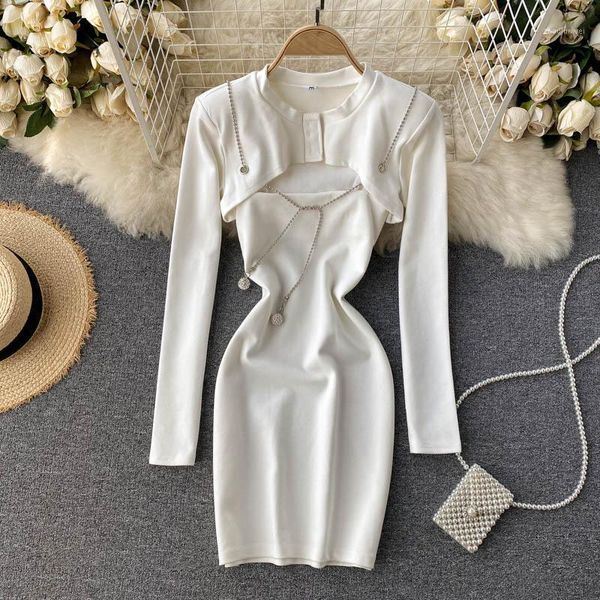 

women 2 piece set white black spaghetti strap sleeveless mini bodycon dress + long sleeve crop club outfits1, Gray
