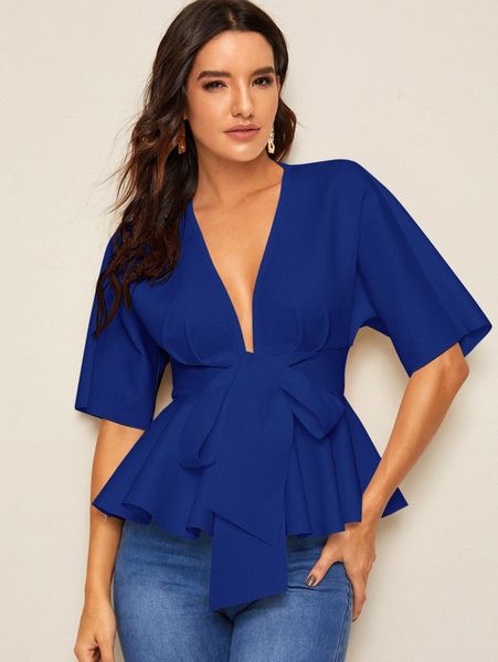 

plunging neck tie waist peplum g4hf#, White