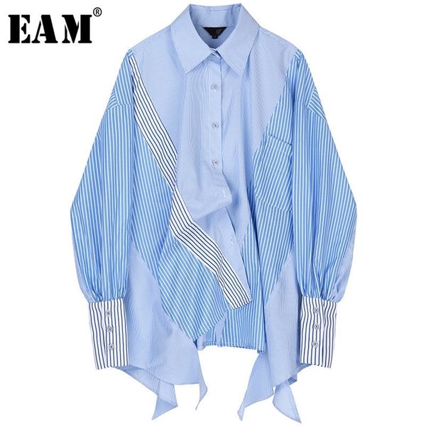 

[eam] women striped spliced big size asymmetrical blouse new lapel long sleeve loose fit shirt fashion spring autumn lj200815, White