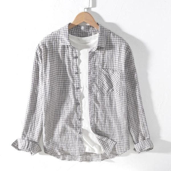 

new retro men plaid shirts spring summer youth loose breathable men long sleeve shirt clothes linen casual shirts1, White;black