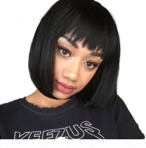 

straight lace front human hair wigs 130% density brazilian malaysian virgin hair bob wig with bang swiss lace, Black;brown