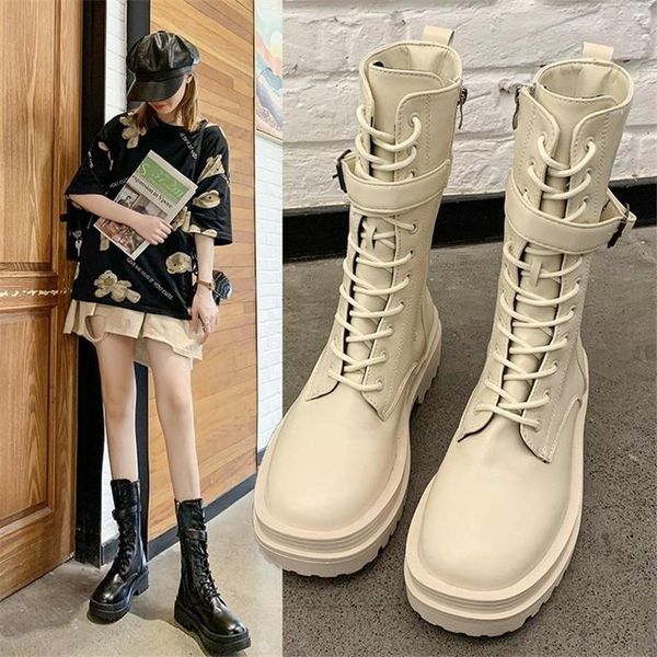 

2020 fashion women mid calf boot autumn winter women thick bottom wear-resistant non-slip metal hasp lace up cloth boot, Black