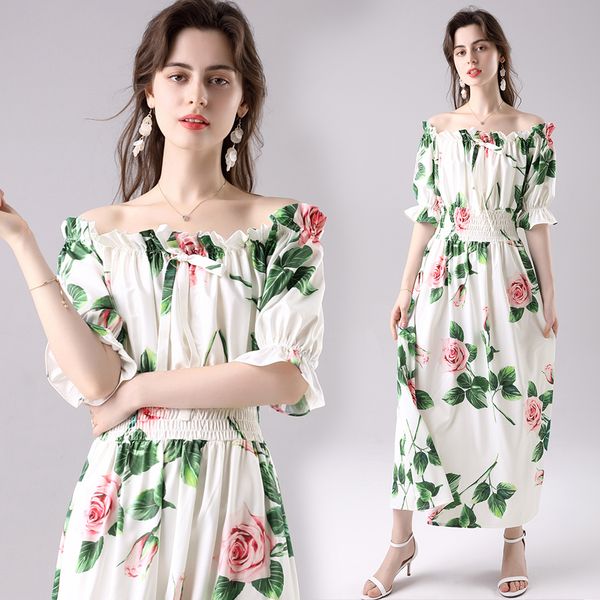 

womens runway designer summer dress long clothes printed floral flower holiday loose beach party thin casual gowns swing ll8p, Black;gray