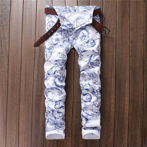 

men's jeans sumitong selling fashionable urban white printed casual pants, Blue