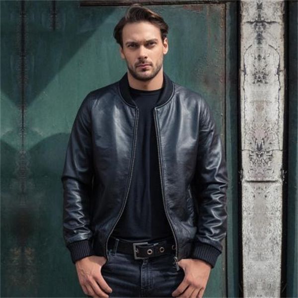 

super wholesales.mens slim genuine leather jacket.fashion quality leather baseball coat.casual leather clothes 201114, Black