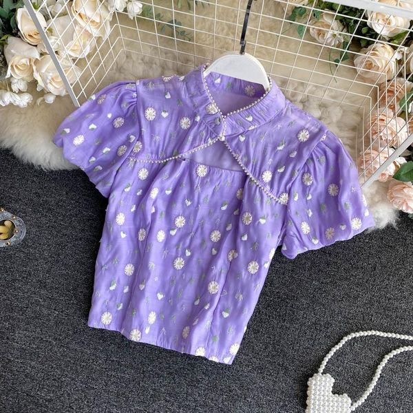 

lady retro hollow-out stand collar short slim floral embroidery shirt women new fashion elegant blouse n3961, White