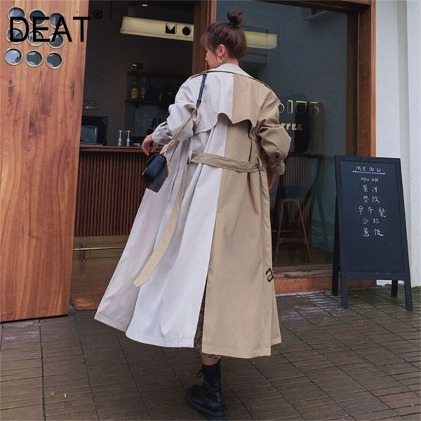 

[deat] women's coat hit color lacing slim full sleeve over long wild loose casual trench new autumn fashion clothing am791 201211, Tan;black