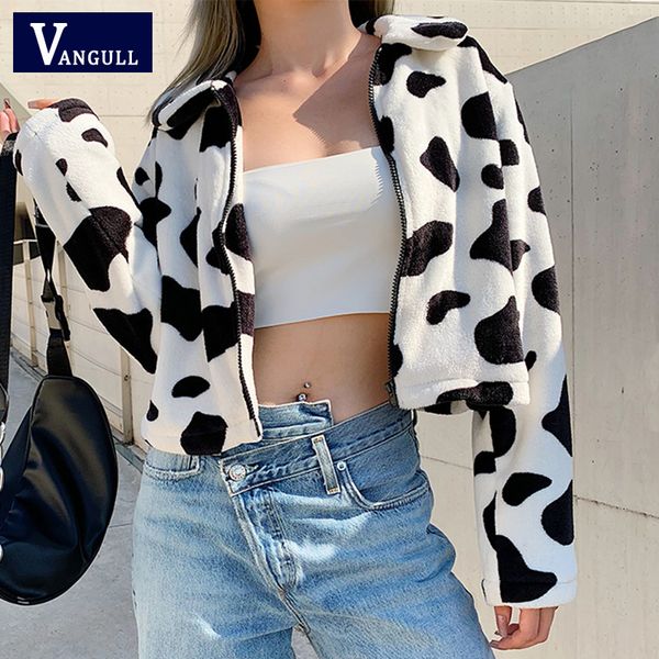 

vangull fur coats for women cow print teddy jacket modis longslive zipper casual warm autumn winter harajuku coat female 201026, Black;brown