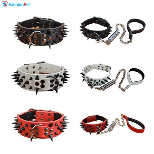 

pu leather 2" width large dog collar sharp spikes studded medium big dog collar and leash lead set 201030