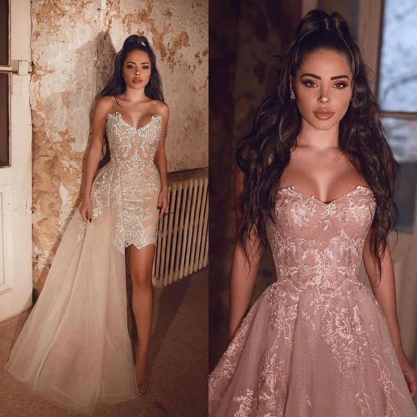 

party dresses short prom with detachable train lace appliqued a line sweetheart arabic evening dress custom made formal gowns, White;black