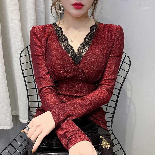 

2020 new spring autumn korean clothes patchwork lace shiny t-shirt women ropa mujer bottoming shirt slim tees t9d0071, White