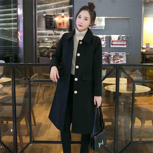 

2020 women's woolen coat winter clothing korean fashion mid-length long sleeve wool jacket ladies plus size slim solid outwear1, Black