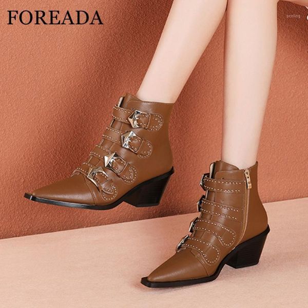 

foreada real leather ankle boots high heel woman boots buckle pointed toe short zip rivet chunky heel shoes ladies black1, Black
