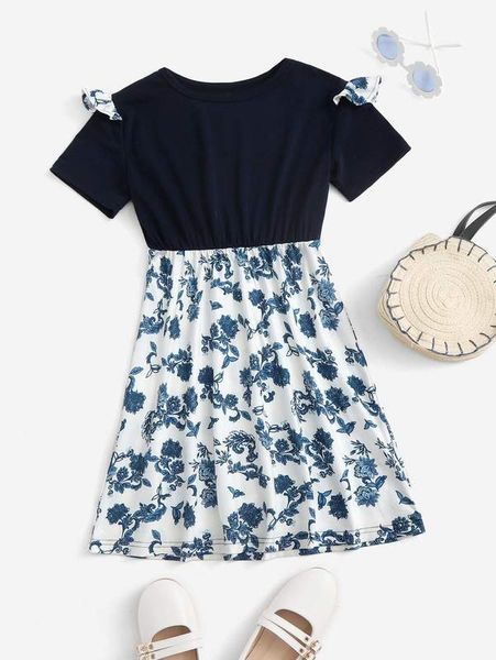 

girls floral print ruffle trim a-line dress she, Red;yellow