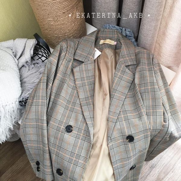 

spring women plaid blazer korean fashion streetwear causal plaid coat double breasted office ladies houndstooth blazer 201201, White;black