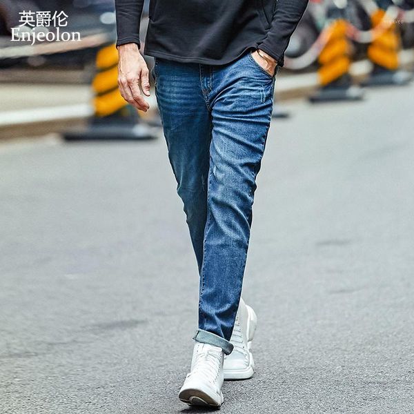 

enjeolon brand 2020 new men denim jeans fashion mens casual slim fit straight long trousers for male pants k60031, Blue