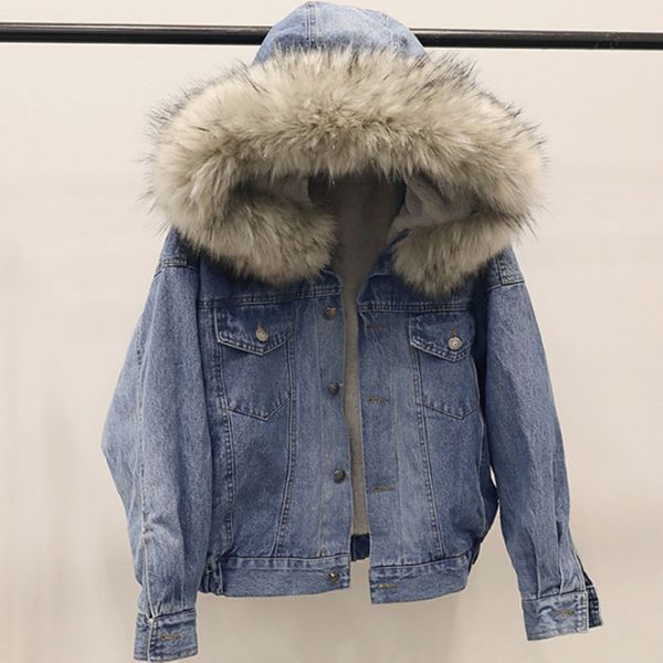 

warm fashion denim bomber jacket with faux shearling sherpa lining korean loose faux fur collar warm cotton jacket, Black;brown
