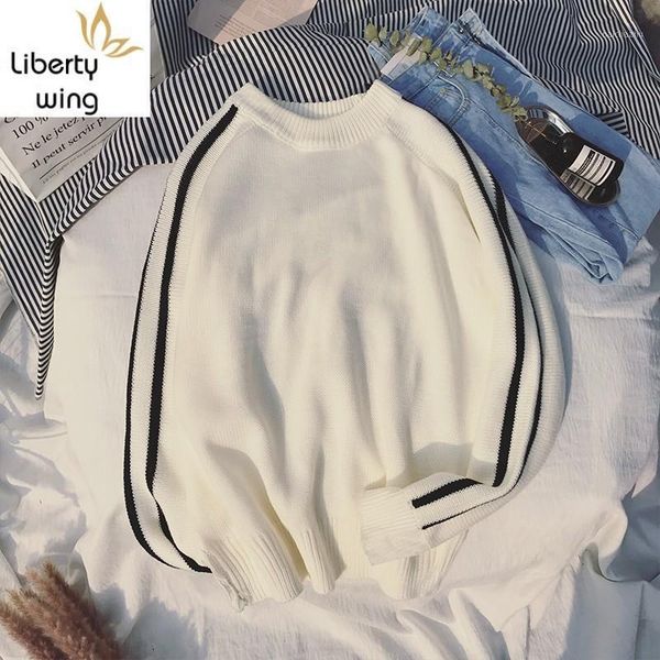 

fashion mens knit pullover jumper winter o-neck loose fit striped sweater male casual harajuku college teenager knitwear1, White;black