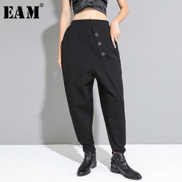 

eam] high elastic waist black button stitch harem trousers new loose fit pants women fashion tide spring autumn 2020 1d6771, Black;white