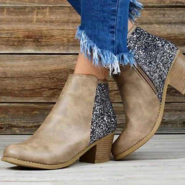 

boots women's autumn/winter style platform high-heeled sequins square toe side zipper ankle all-match, Black