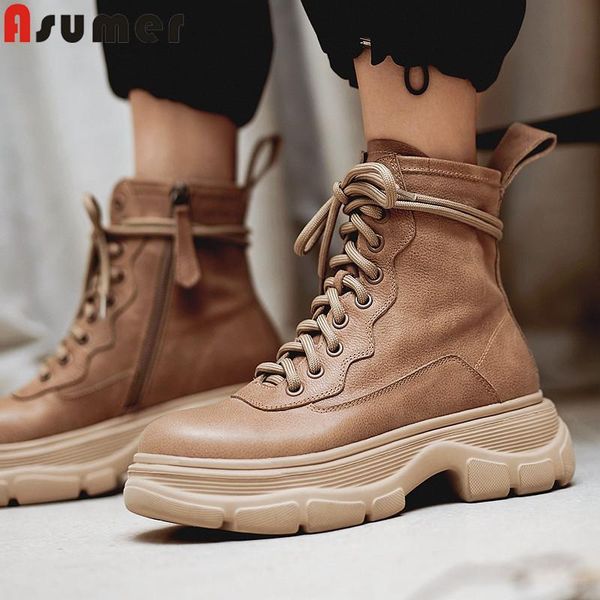 

boots asumer 2021 casual shoes women genuine leather ankle round toe lace up comfortable platform woman, Black