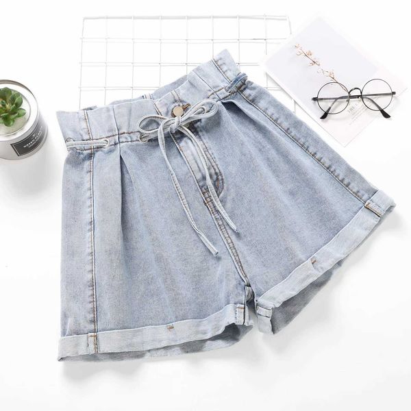 

women's 2020 summer new high waist no elastic lace up denim shorts a825, Blue