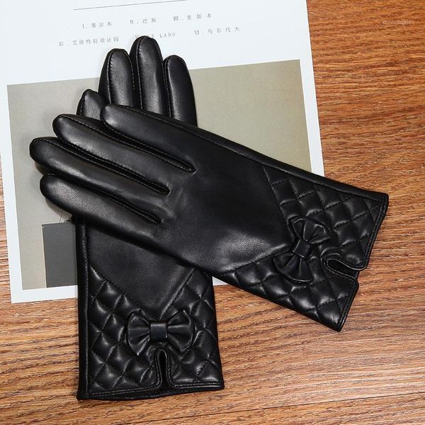 

latest 2020 lambskin butterfly knot real leather gloves female winter plus velvet thicken black woman' sheepskin gloves l61231, Blue;gray