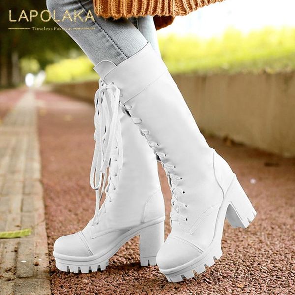 

boots lapolaka 2021 design waterproof skidproof comfortable shoes woman thick high heels lace up cool cosplay female, Black