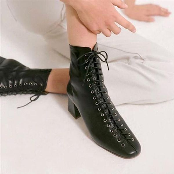 

boots western punk chic autumn winter black leather square toe fashion shoes women lace up ankle cowboy woman motorcycle1