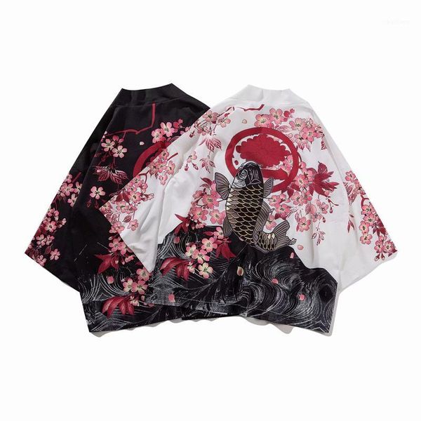 

summer mens kimono shirt japanese koi kimono cardigan jackets1, Black;brown