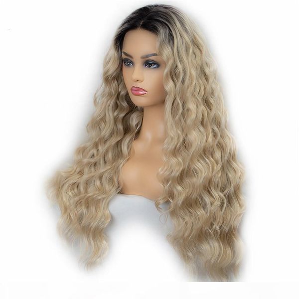 

ombre blonde wig long wavy synthetic lace front wigs for women dark root curly wavy lace front wig middle part 180% density, Black