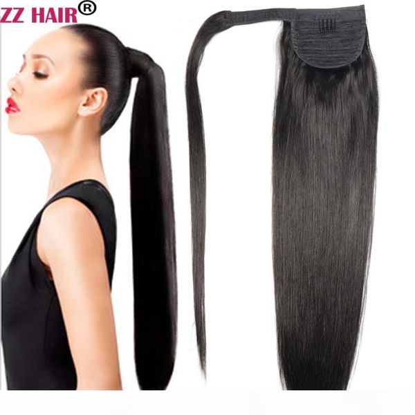 

16"-32" 100% natural brazilian remy human hair velcro magic wrap ponytail horsetail clips in on human hair extension straight hair, Black