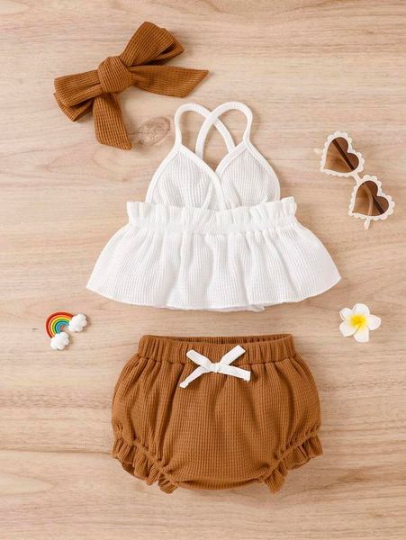 

baby ruffle trim cami & shorts with headband she, White