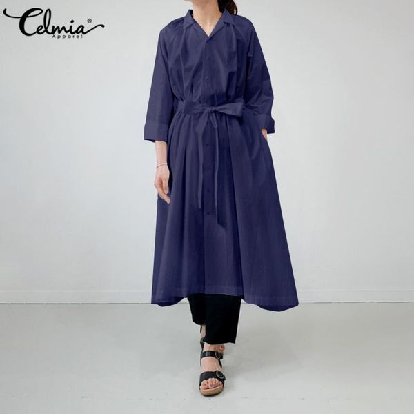 

fashion long sleeve casual dress 2020 celmia women elegant belted office midi dresses solid loose long shirt vestidos plus size, Black;gray