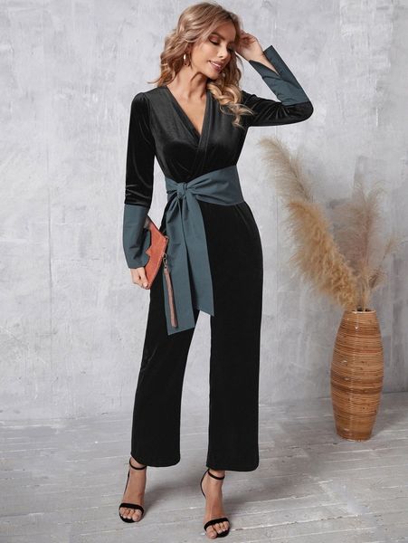 

emery rose contrast panel split sleeve belted velvet jumpsuit m5c4#, White
