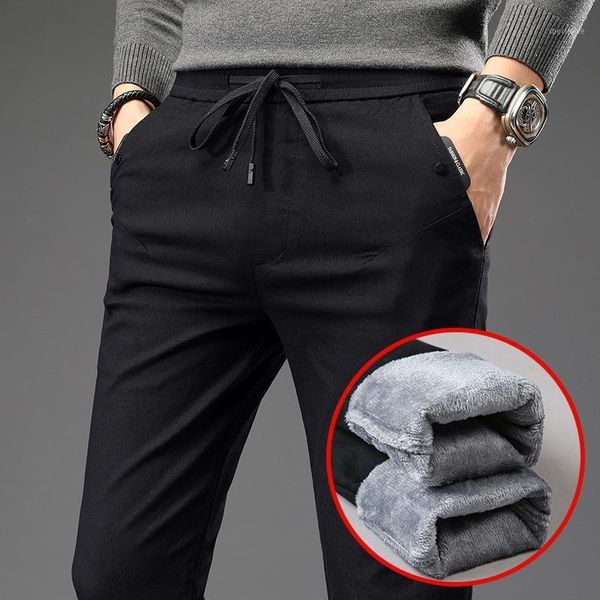

2020 men's winter fleece fluff thicken warm casual pants men business straight elastic thick cotton gray trousers male,18611, Black