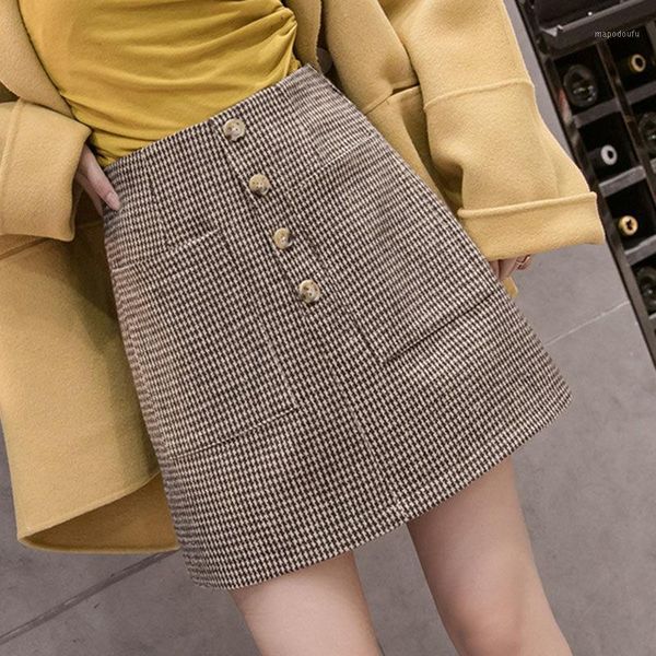

houndstooth woolen autumn winter skirt women's high waist pocket a- line dress woman skirts mujer faldas saias mulher1, Black