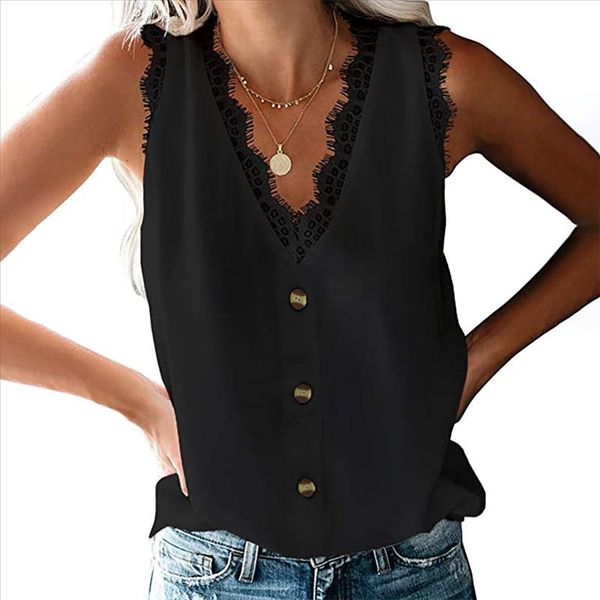 

vintage lace button blouse shirt 2021 summer sleeveless chiffon blouse v neck women shirts casual loose chemise white black