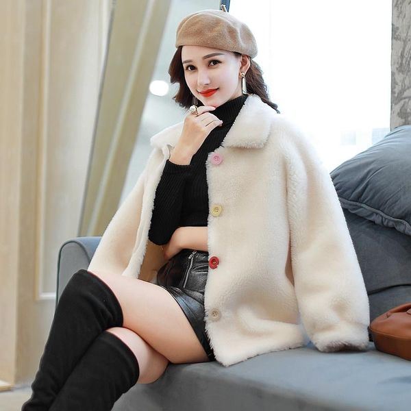 

women 2021 winter new real lamb fur short coats female warm sheep shearing jackets ladies single breasted loose outercoats v161, Black