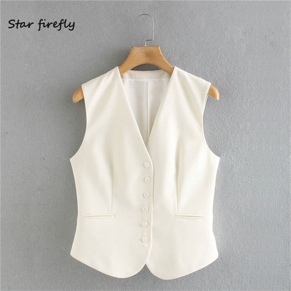 

star firefly fashion za vest women autumn casual slim v-neck single-breasted pockets white vest coat female 201102, Black;white