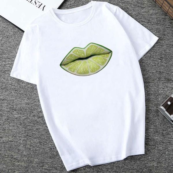 

aesthetics t shirt summer short sleeve fruit lip kiwi lip funny sweat girls lovely casual white femme tees