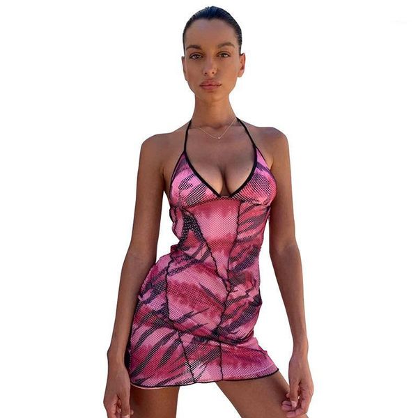 

print patchwork mesh fabric backless halter slim mini woman dress 2020 club party package hip dress1, Black;gray